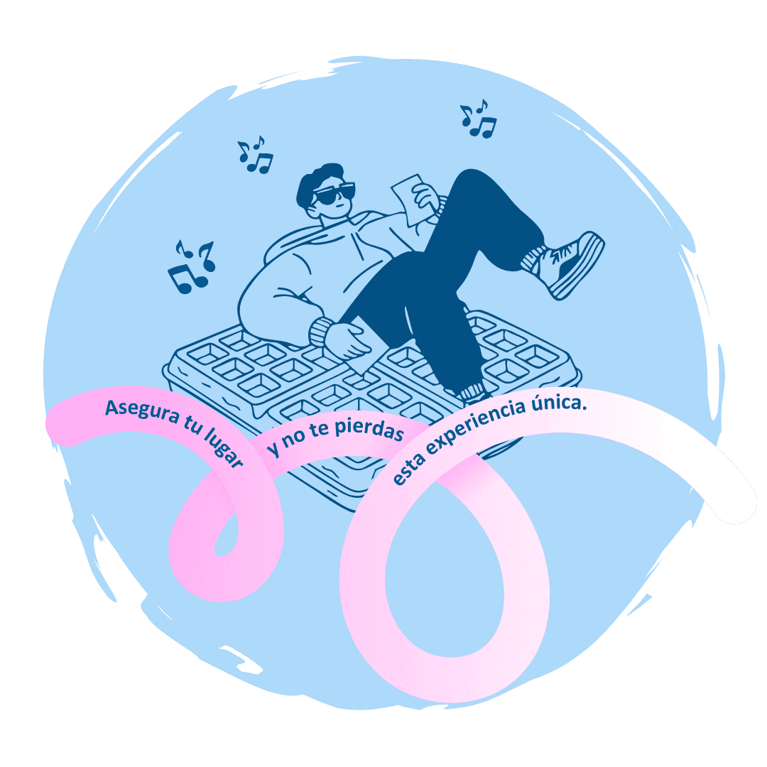 A stylized illustration featuring a relaxed young man wearing sunglasses and casual attire, lounging on a large waffle-like surface while holding a smartphone, surrounded by floating musical notes within a soft blue circular background; overlaid with a flowing pink ribbon banner containing Spanish text that reads 'Asegura tu lugar y no te pierdas esta experiencia única,' conveying a promotional message about securing a spot for a unique experience.